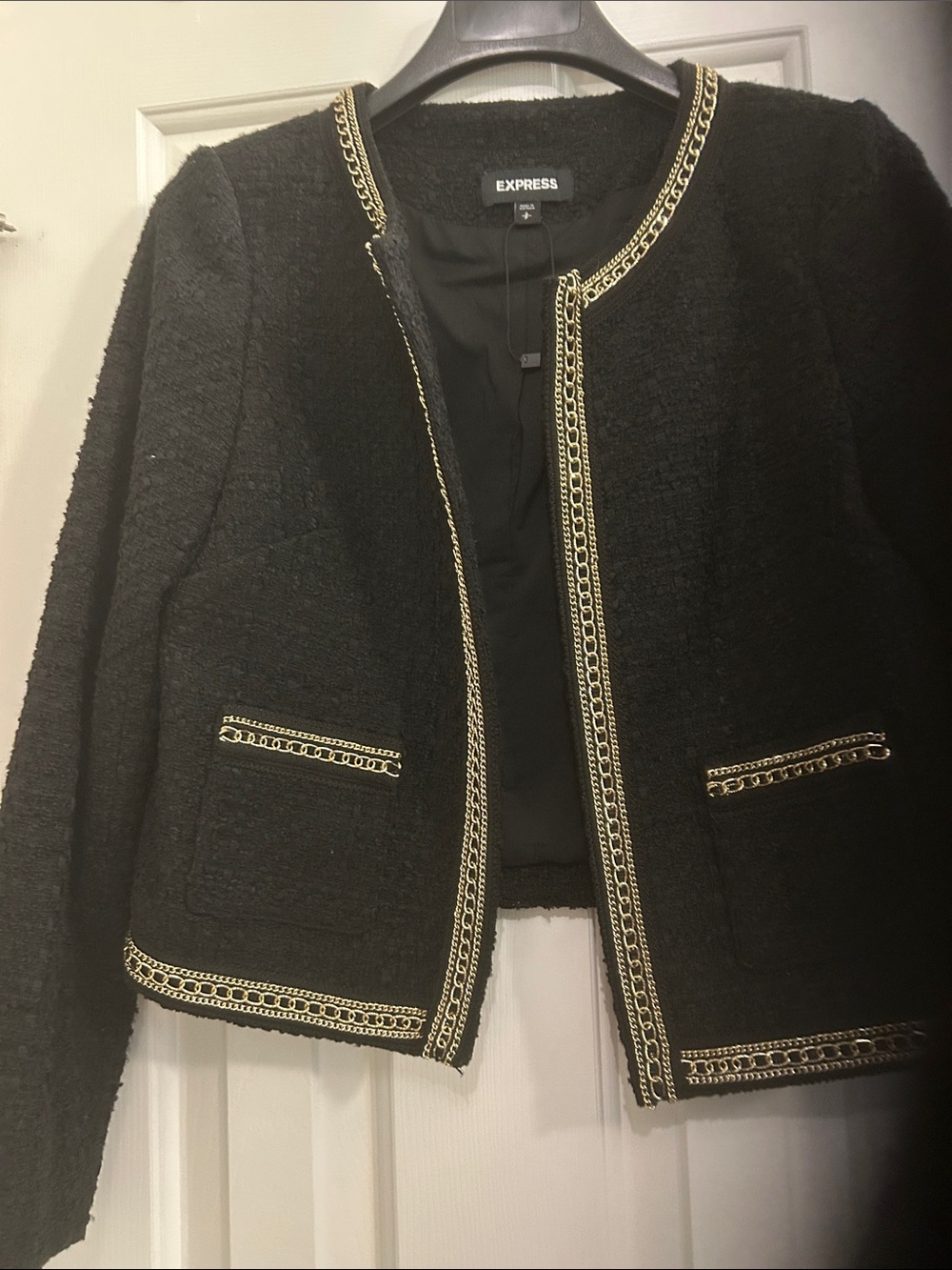 Express Black Bouclé Jacket with Gold Chain Trim